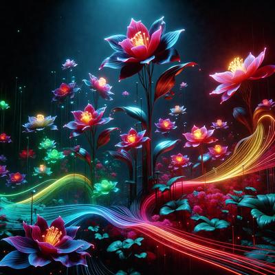 The primary subject of the image is a vibrant and colorful display of flowers. The setting is a dark, colorful background that enhances the visual appeal of the flowers. The visual style is a combination of digital art and illustration, creating a unique and eye-catching scene. The dominant colors are pink, purple, and yellow, which contribute to a lively and cheerful atmosphere.